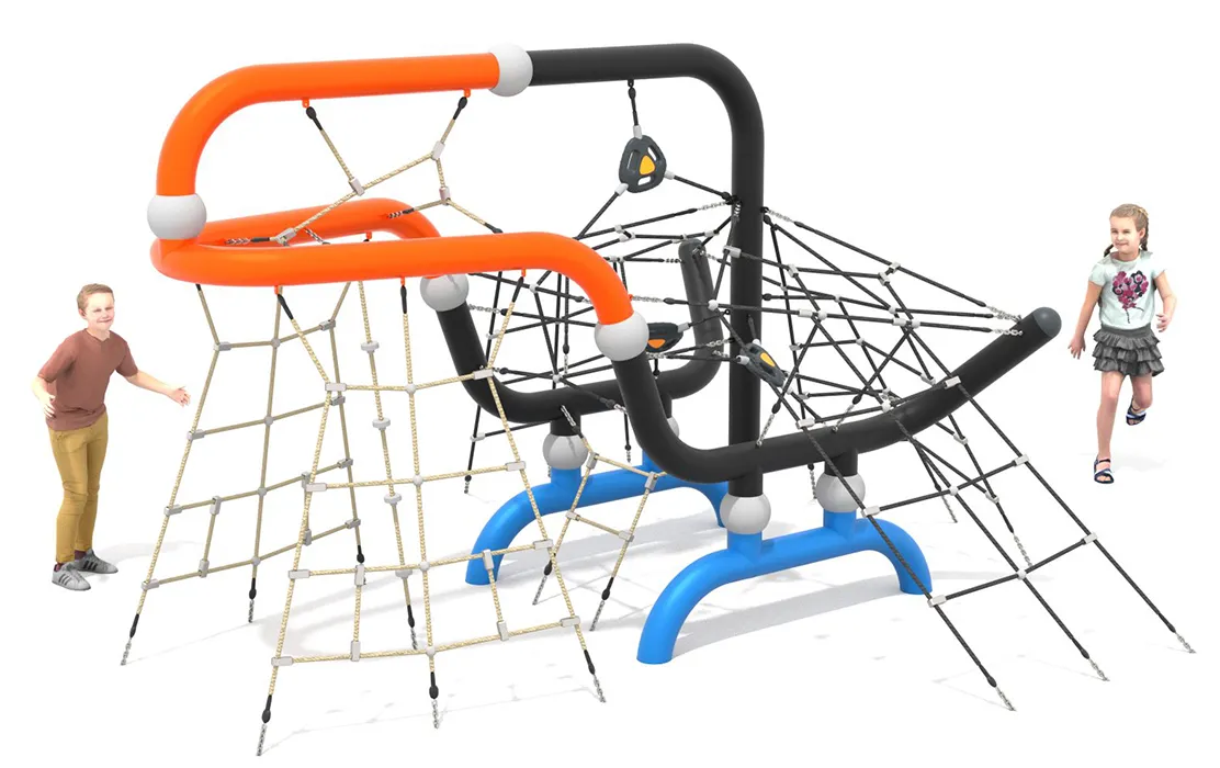 A toucan-themed climbing structure with rope nets and colorful bars, where children explore from multiple sides.