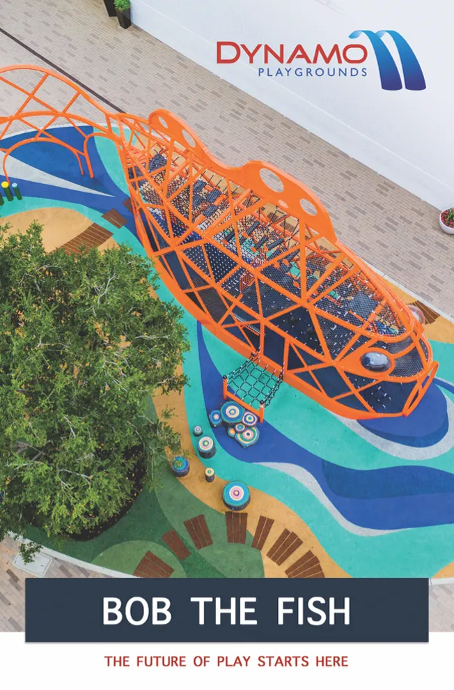 Bob the Fish playground brochure cover with orange climbing structure and Dynamo Playgrounds logo