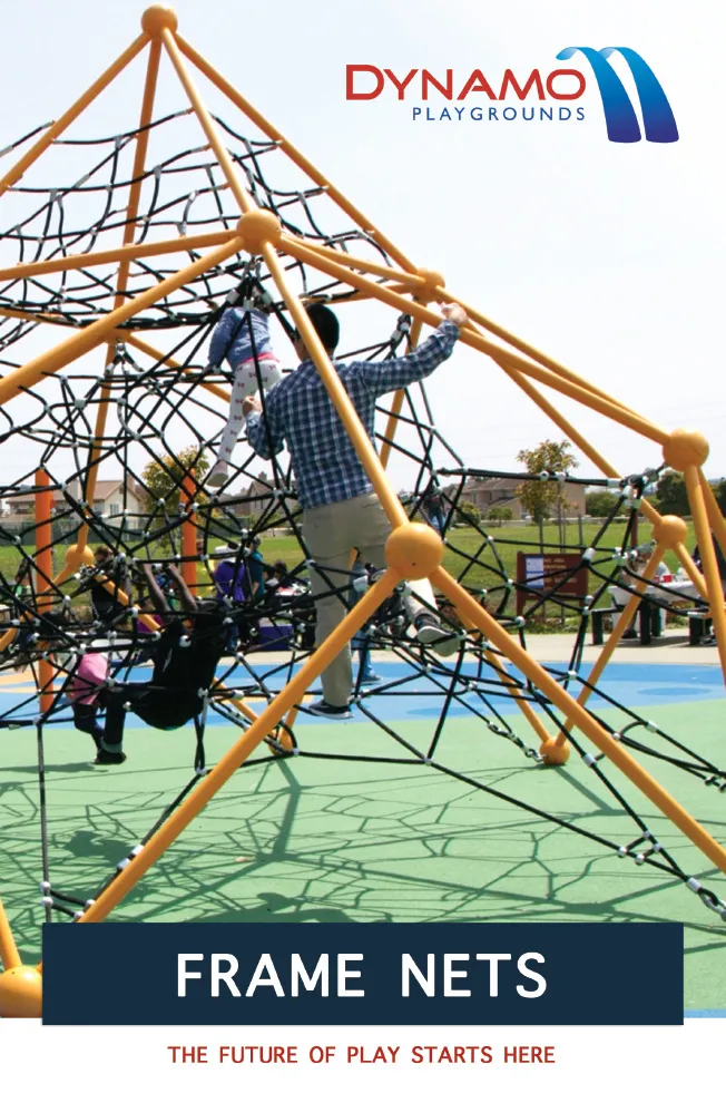 Frame Nets playground brochure cover with rope climbing frame net and Dynamo Playgrounds logo