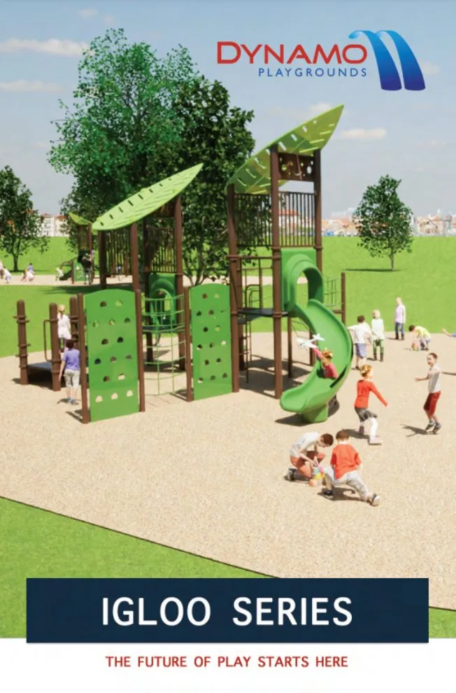 Igloo Series playground brochure cover with green play structure and Dynamo Playgrounds logo