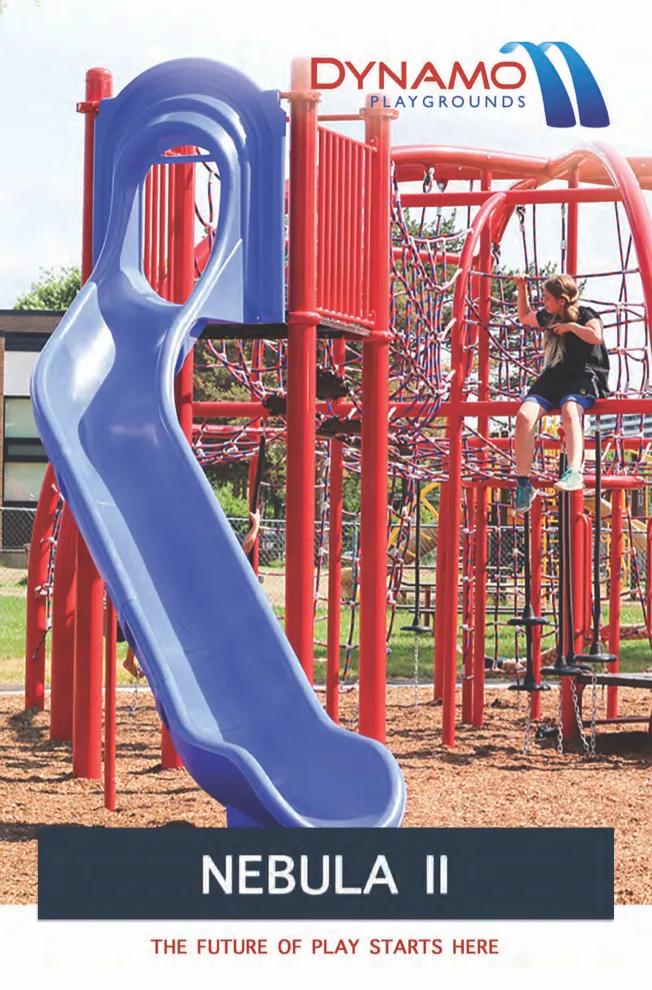 Nebula II playground brochure cover with slide , climbing structure and Dynamo Playgrounds logo