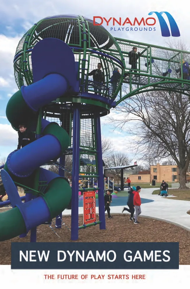 New Dynamo Games brochure cover with tall climbing tower, slide, and Dynamo Playgrounds logo