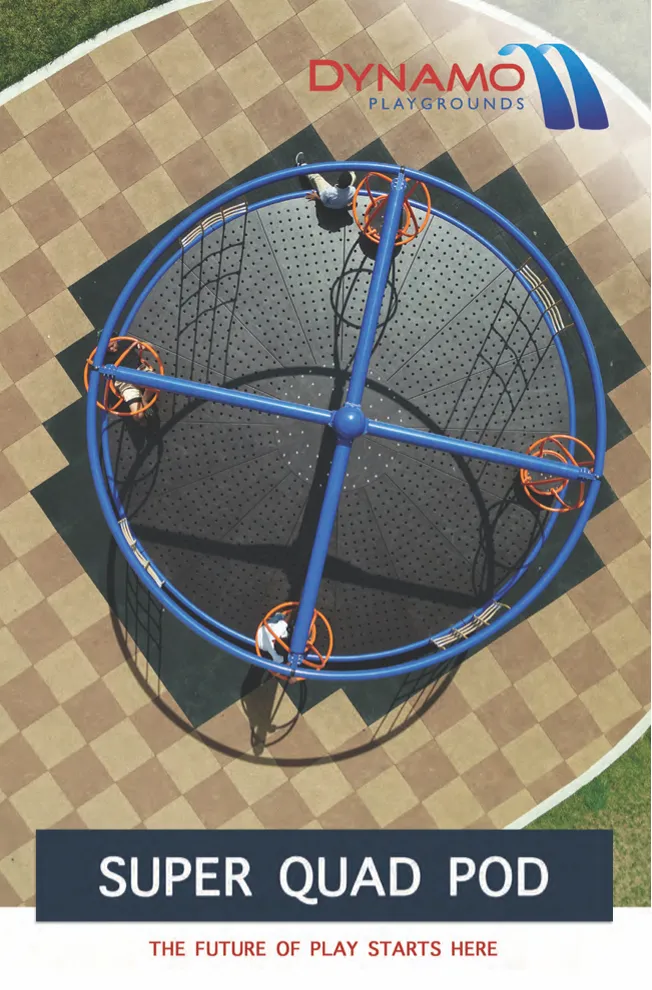Super Quad Pod playground brochure cover with aerial view of a super quad pod rotating climber