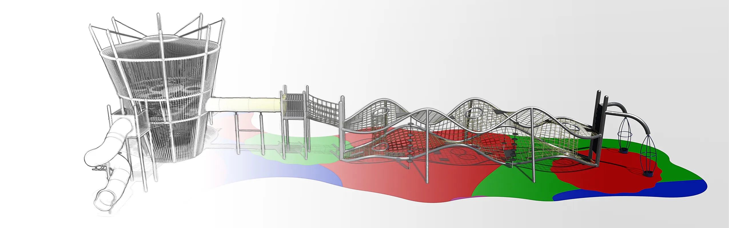 Playground concept design featuring a central tower, bridge walkway, and wave-style rope climbing structure