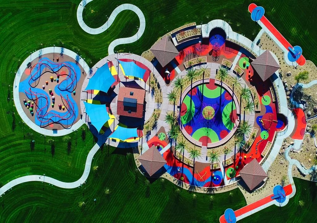 Aerial view of colorful circular playground