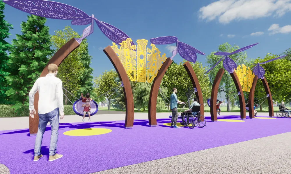 People enjoy accessible multi-user swings under sculptural wood laminated arches under a leaf-shaped canopy in a vibrant playground setting.