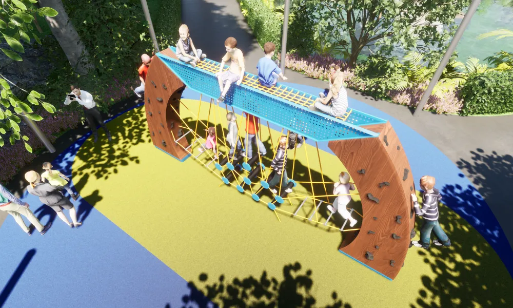A long arched climbing structure with rope nets and wooden laminated arch supports, where children sit on top and play below.