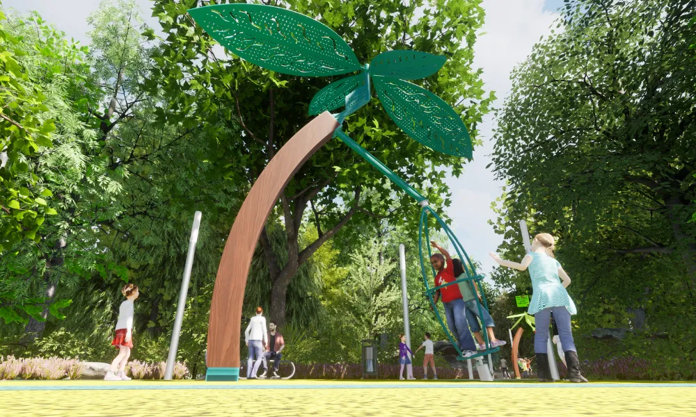 A child rides a rotating pod suspended beneath a leaf-shaped canopy on a curved wood laminated support.