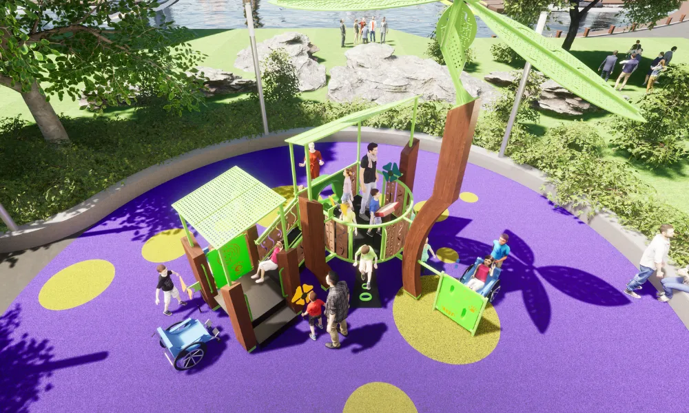 A colorful playground scene with wooden structures, interactive panels, and leaf-like canopies, where families engage and play.