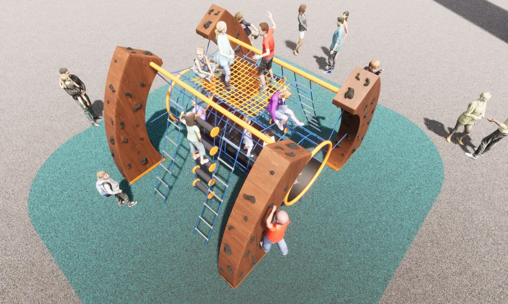 Children climb a compact playground structure with rope nets, ladders, and wooden laminated supports.