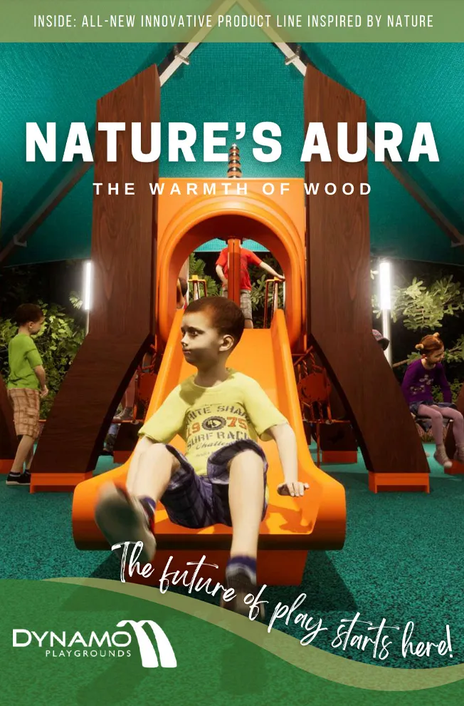Nature’s Aura playground brochure cover with laminated wood structure and orange plastic slide