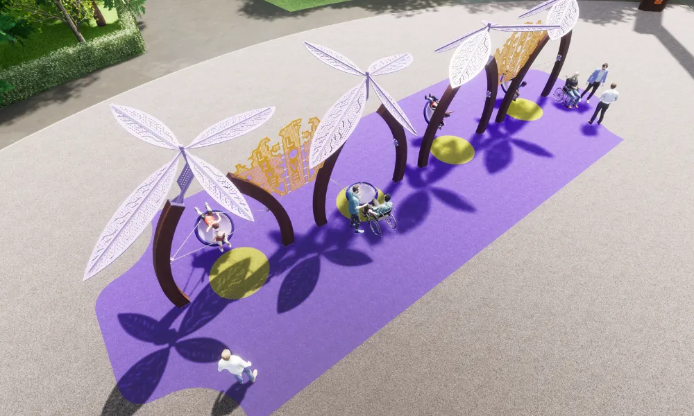 A playground with a row of inclusive swings structured by wood laminated supports, under leaf-themed shade structures