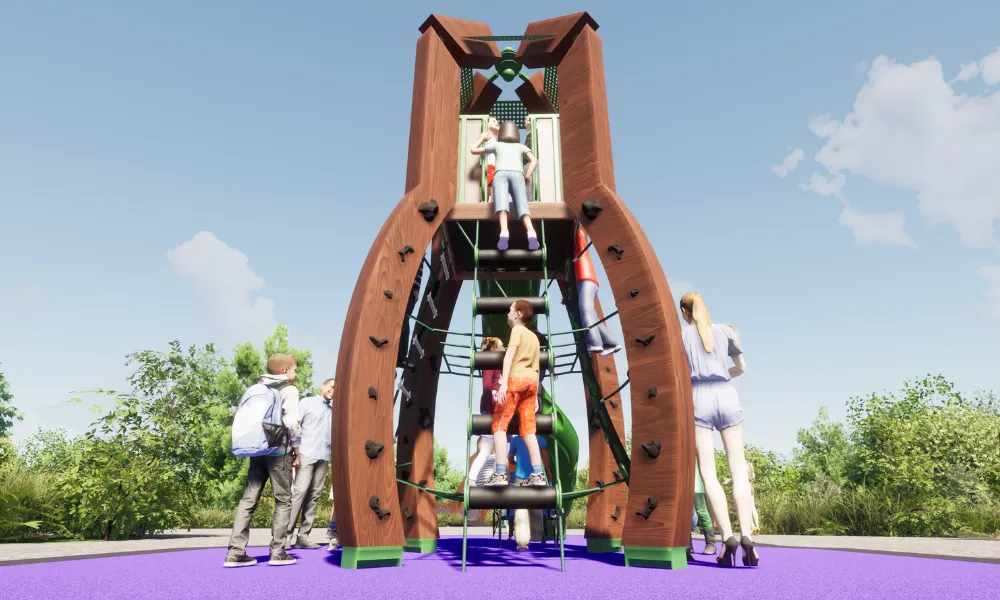 Children climb a tall wooden play tower with rope ladders and platforms, set on a colorful playground surface.