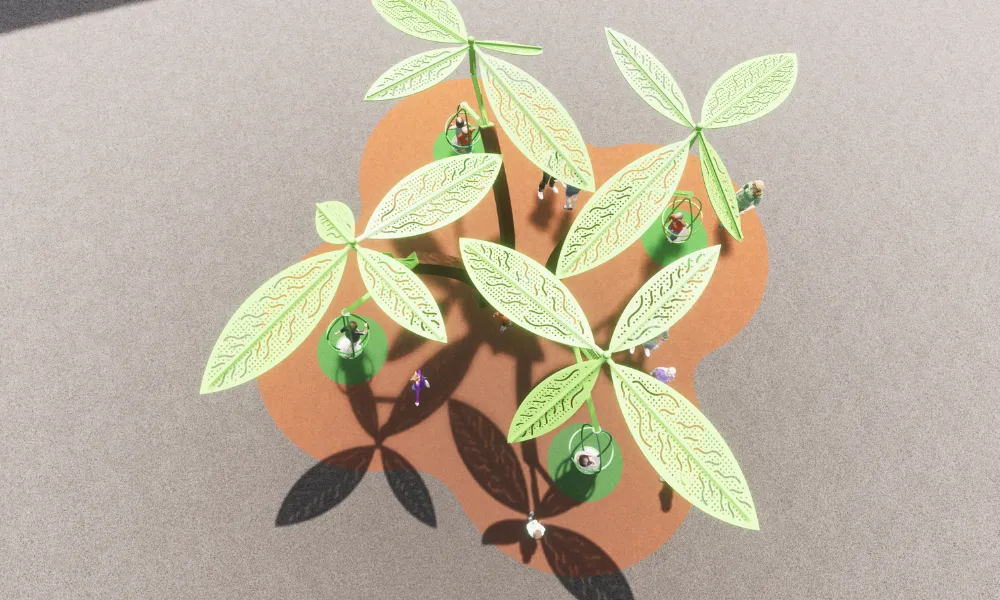 Children use rotating pods beneath large leaf-shaped canopy structures, seen from above on a patterned poured-in-place surfacing.
