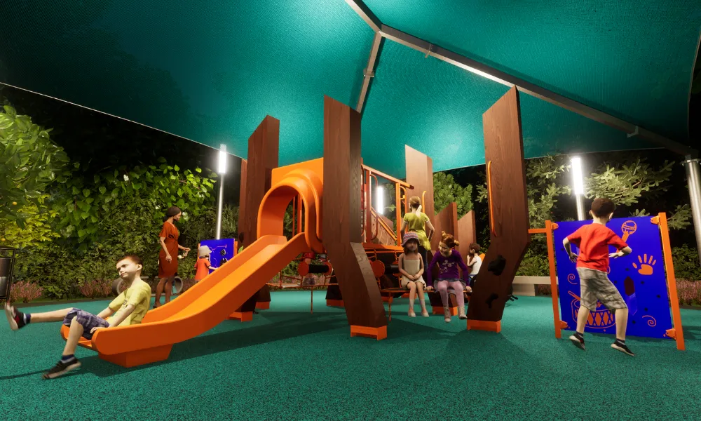 Kids explore a wood laminated playground structure with an orange slide, surrounded by play panels and shaded by green canopies.