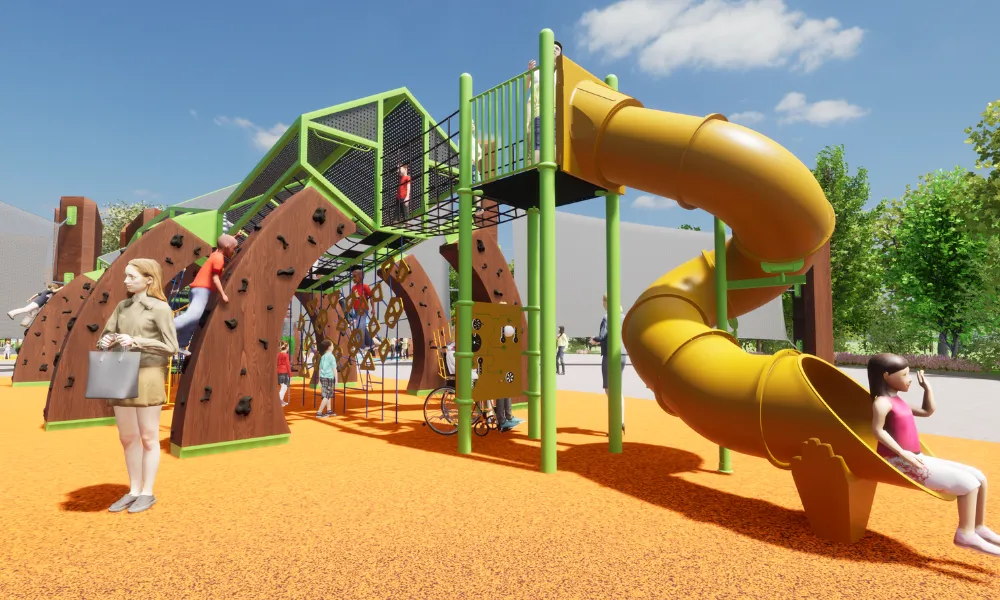 Children play on a large playground structure with a yellow spiral slide, wood laminated climbing arches supporting screened metal cabin-like structure.