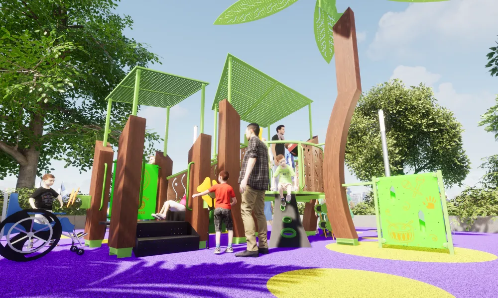 Kids play on a modern playground with wooden elements, green shade structures, and interactive panels on colorful surfacing.