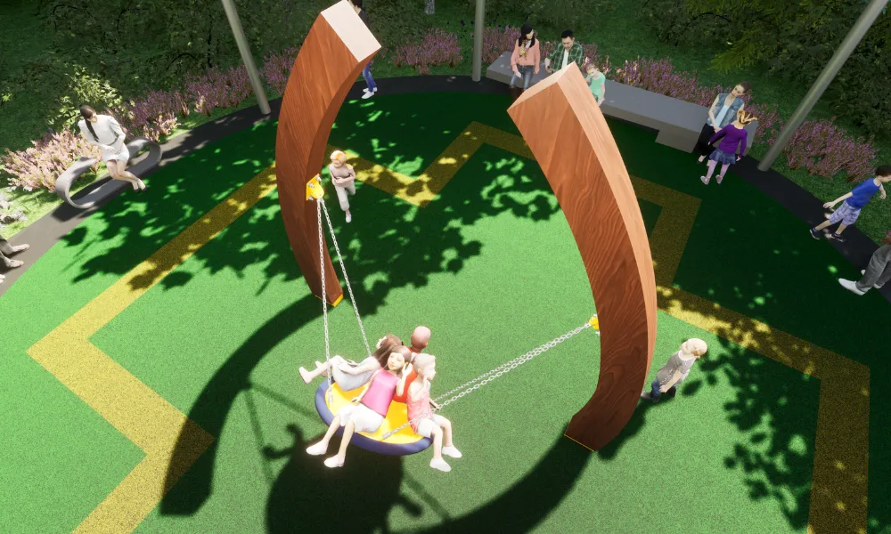 Children ride a multi-user swing, framed with wood laminated arches, in a green play area.