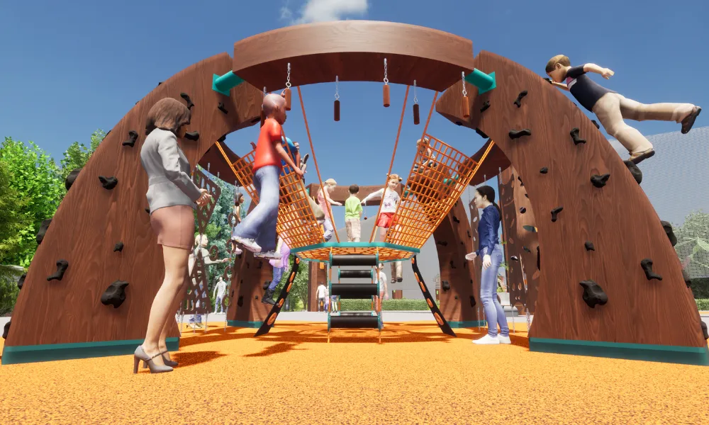 Kids play on a netted climbing feature suspended within curved wooden frames on a bright playground surface.
