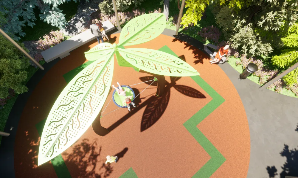 A child rides a multi-user swing under a sculptural leaf canopy, viewed from above in a landscaped play area.