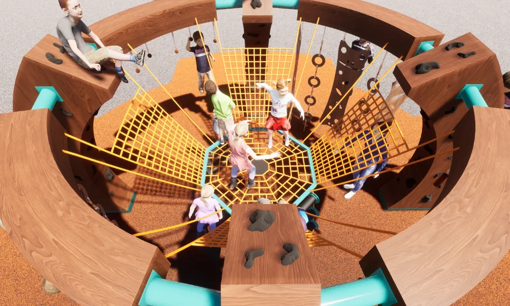 Overhead view of kids on a rope web planar net suspended by a large playground structure using wood laminated beams