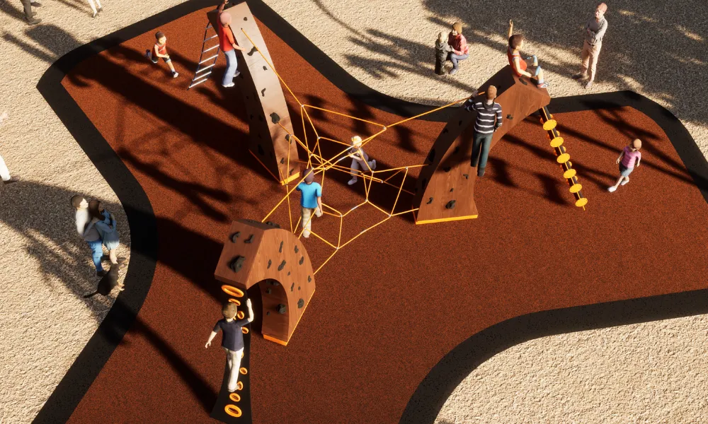 Overhead view of a playground with three arched, wood laminated beams containing embedded climbing handholds, connected together by rope nets