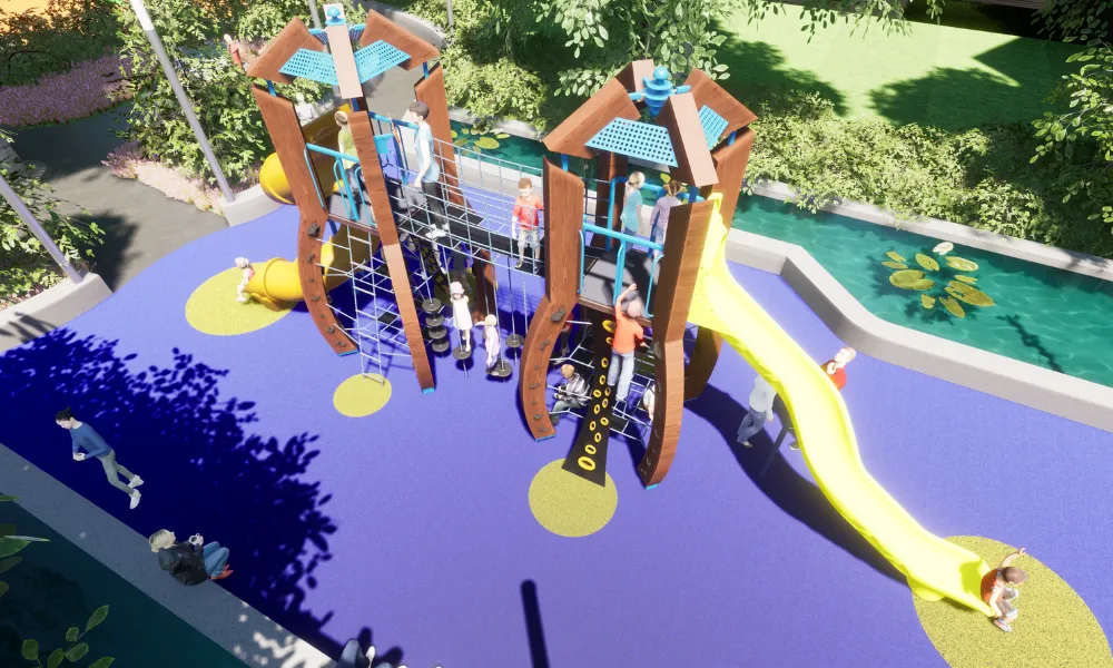 An overhead view of a playground with wooden climbing towers, rope nets, and a bright yellow slide.
