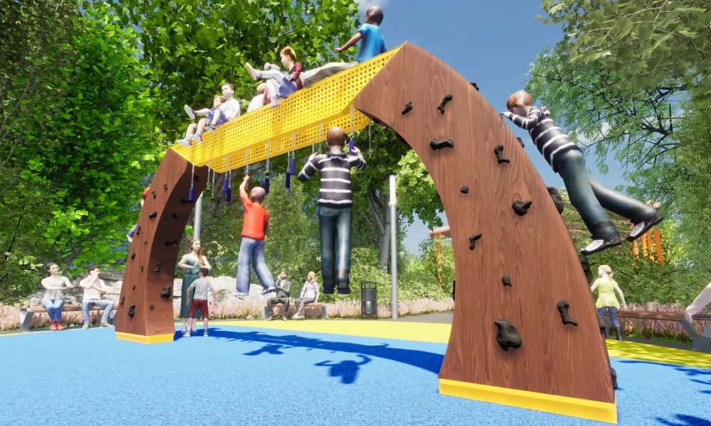 A playground arch with climbing holds and hanging elements supports children playing above and below on colorful surfacing.