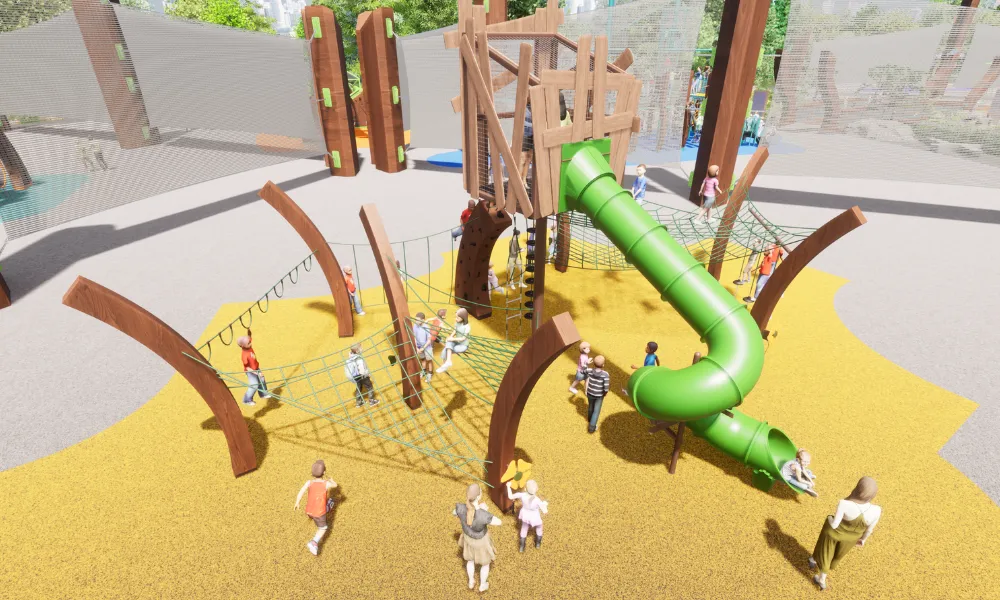 A wood laminated play structure with rope climbing nets and a green tube slide, surrounded by children on a yellow surface.