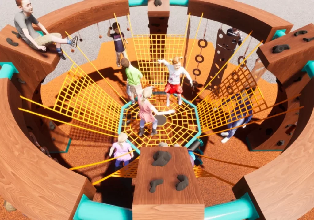 Overhead view of kids on a rope web planar net suspended by a large playground structure using wood laminated beams