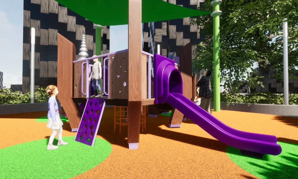 A playground scene with a wood laminated playground structure, purple slide, and climbing features under green canopies, with children exploring.