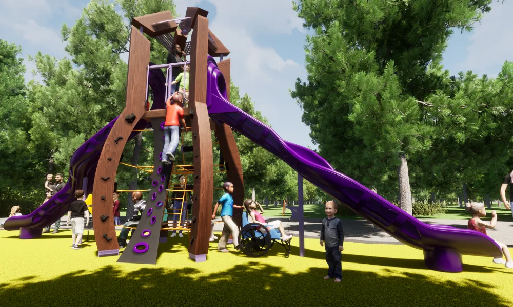 A playground structure with wooden supports and a long purple slide, featuring accessible ground-level features where children climb, slide, and gather.