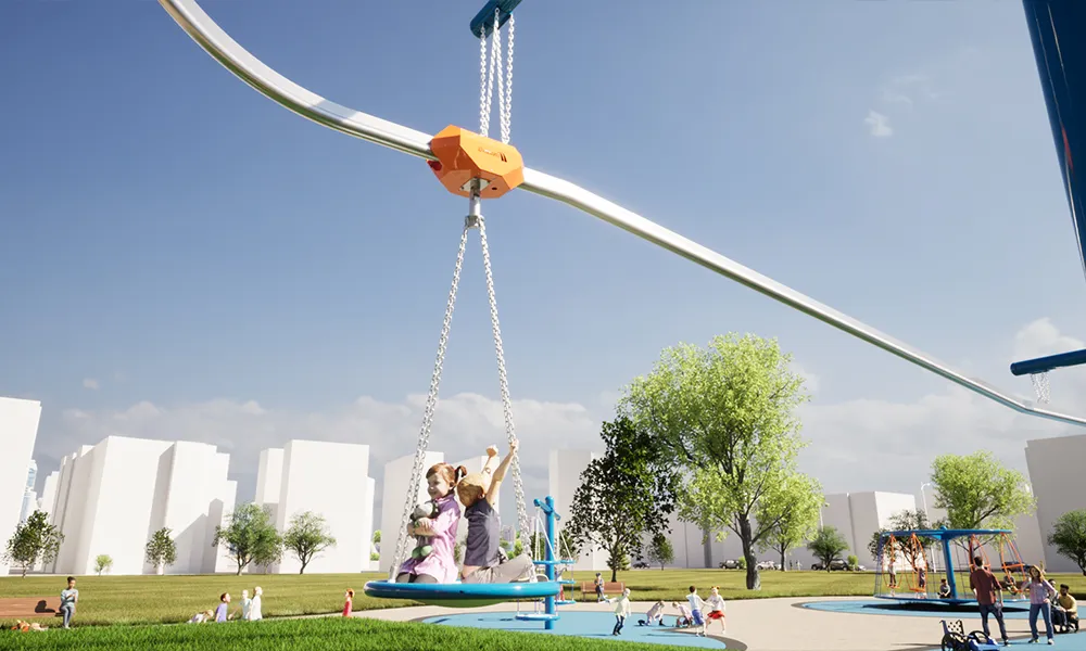 A track ride carries children along an overhead rail on a multi-user seat.