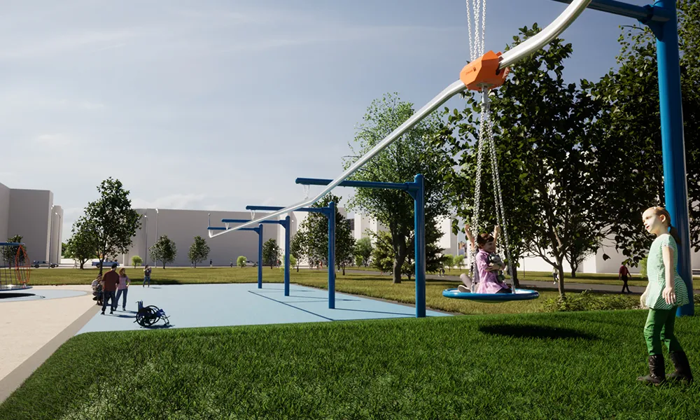 A track ride supports a multi-user seat carrying children along an overhead rail through a landscaped playground.