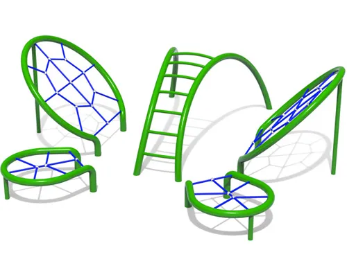 A butterfly-inspired play structure with green arches and netted surfaces shaped like wings for climbing and resting.