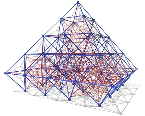A geometric frame net climbing structure made of interconnected ropes and nodes forming a pyramid-like shape.