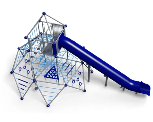 A frame net play structure with rope climbing features and a long blue slide extending from an elevated platform.