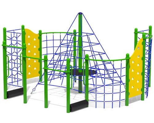A playground structure with green posts, blue rope climbing nets, and yellow panels arranged around a central pyramid.