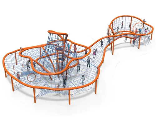 An expansive ropes course play structure with looping paths, netted surfaces, and multiple levels for climbing and movement.