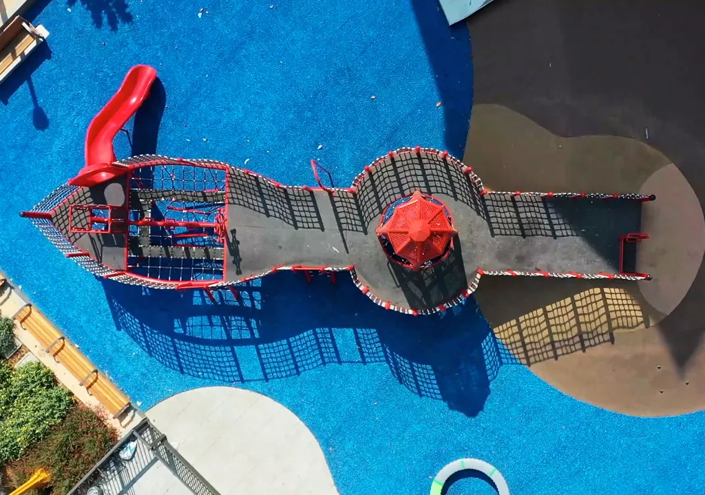 Aerial view of ship-shaped playground with slide